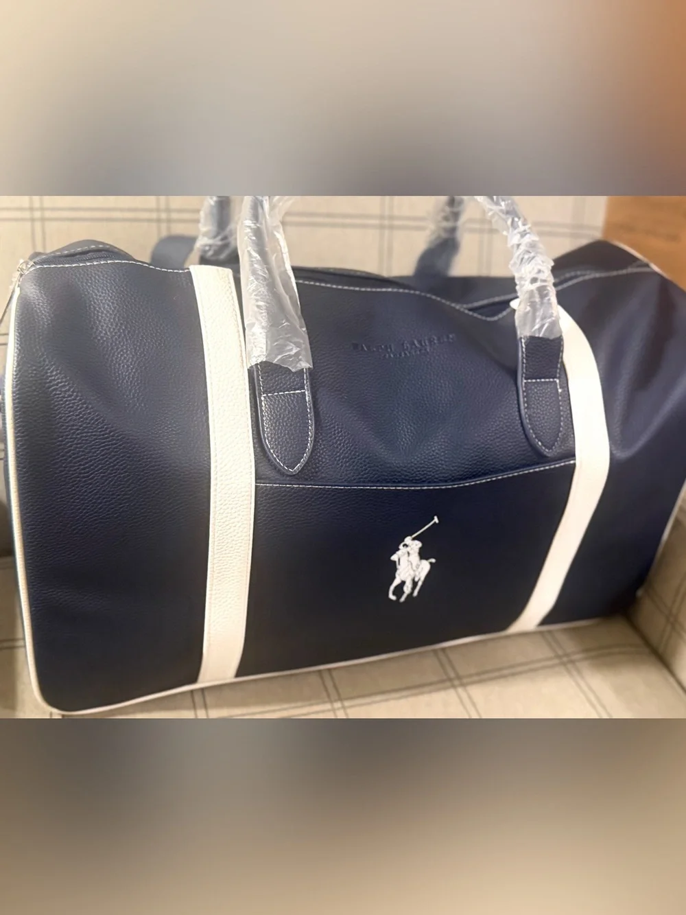 Classic !Ralph Lauren Navy and White Polo Large Vegan Leather Duffel Bag
